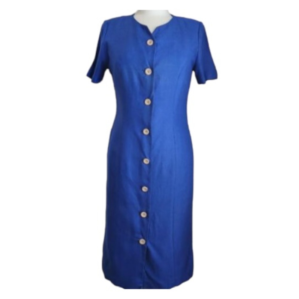 SHOMI Miller Shor Sz 8 Short Sleeve 100% Silk Button Front Sheath Dress